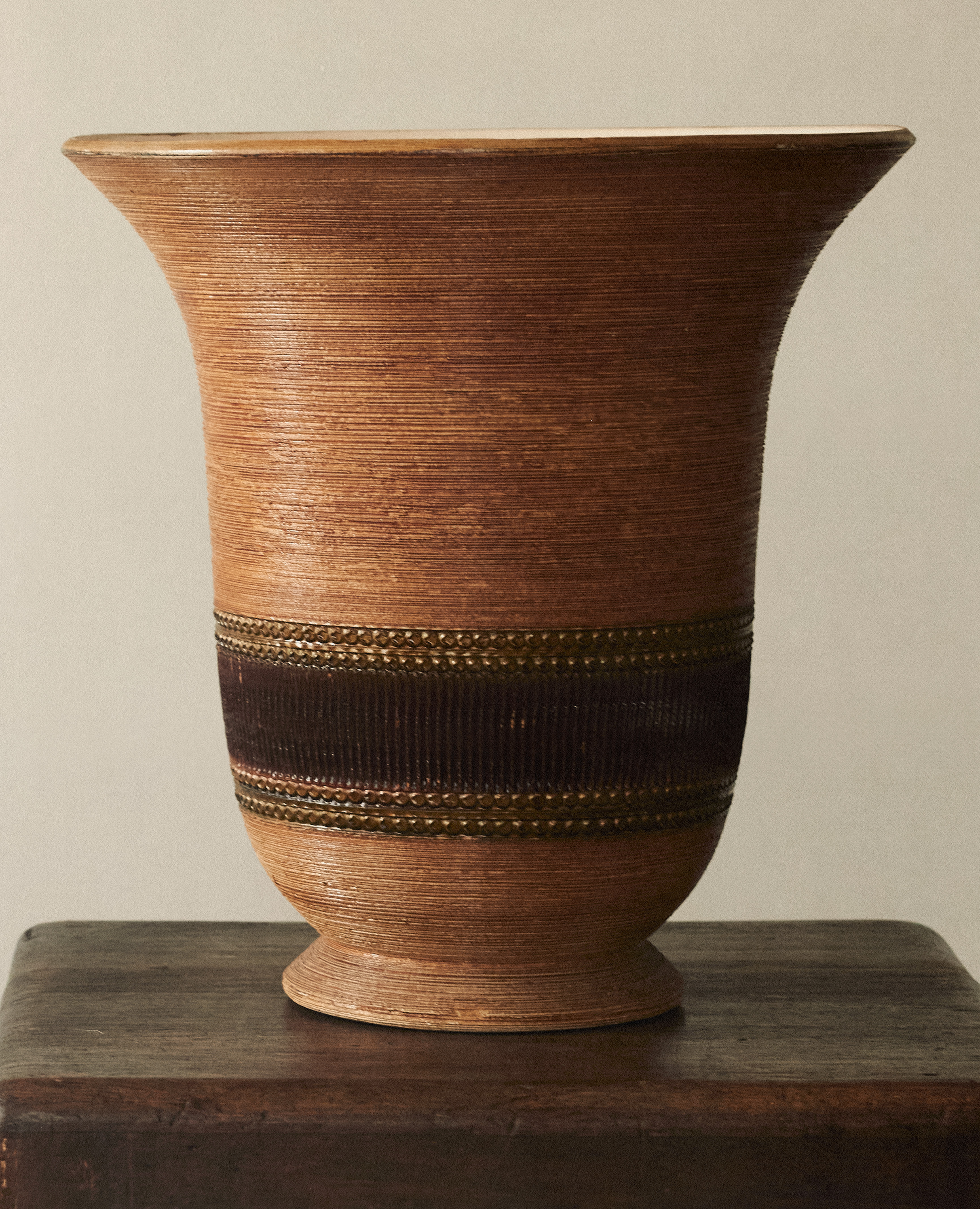 Footed Stoneware Vase with Frieze Decoration