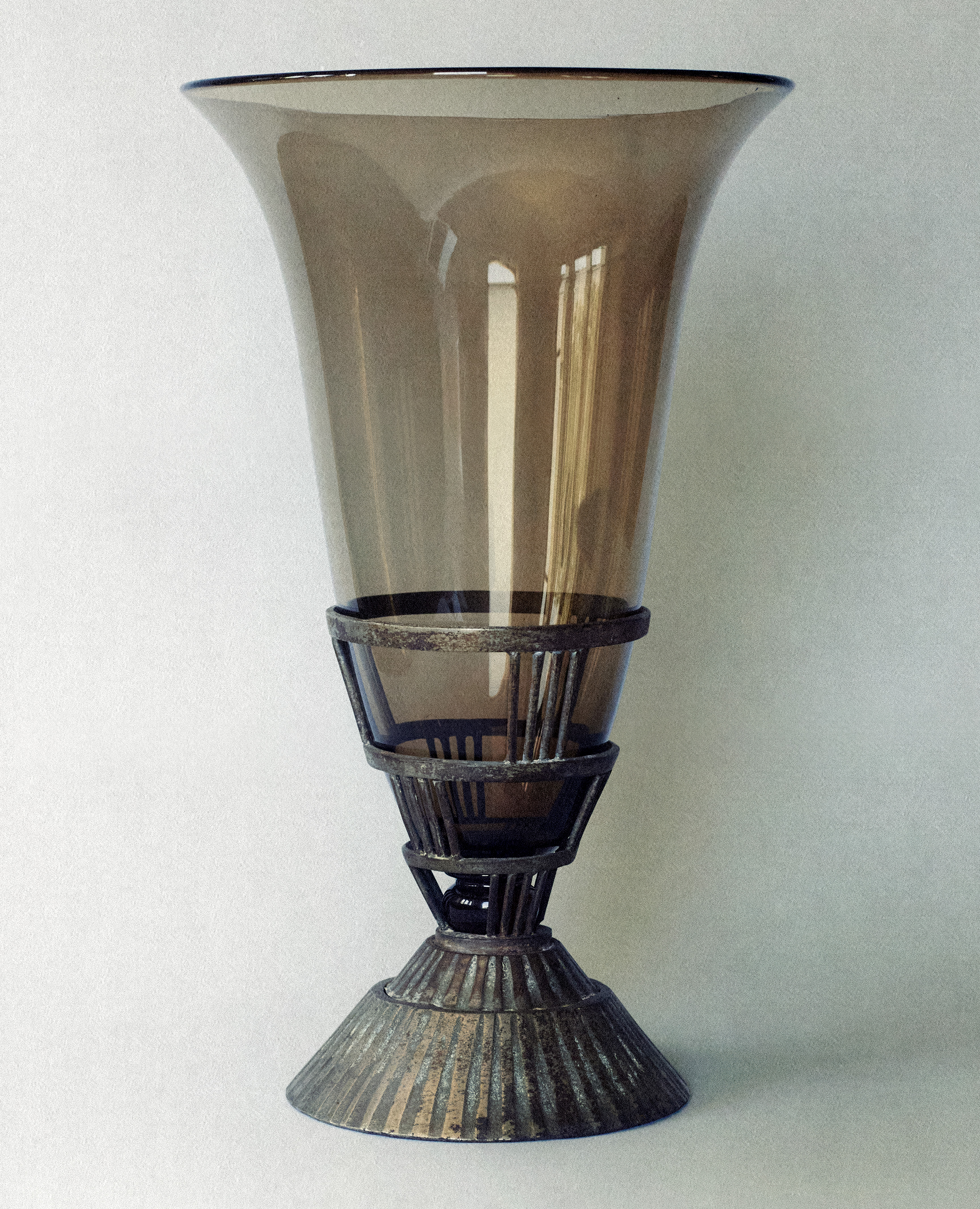 Art Deco Cornet Vase in Smoked Glass and Wrought Iron