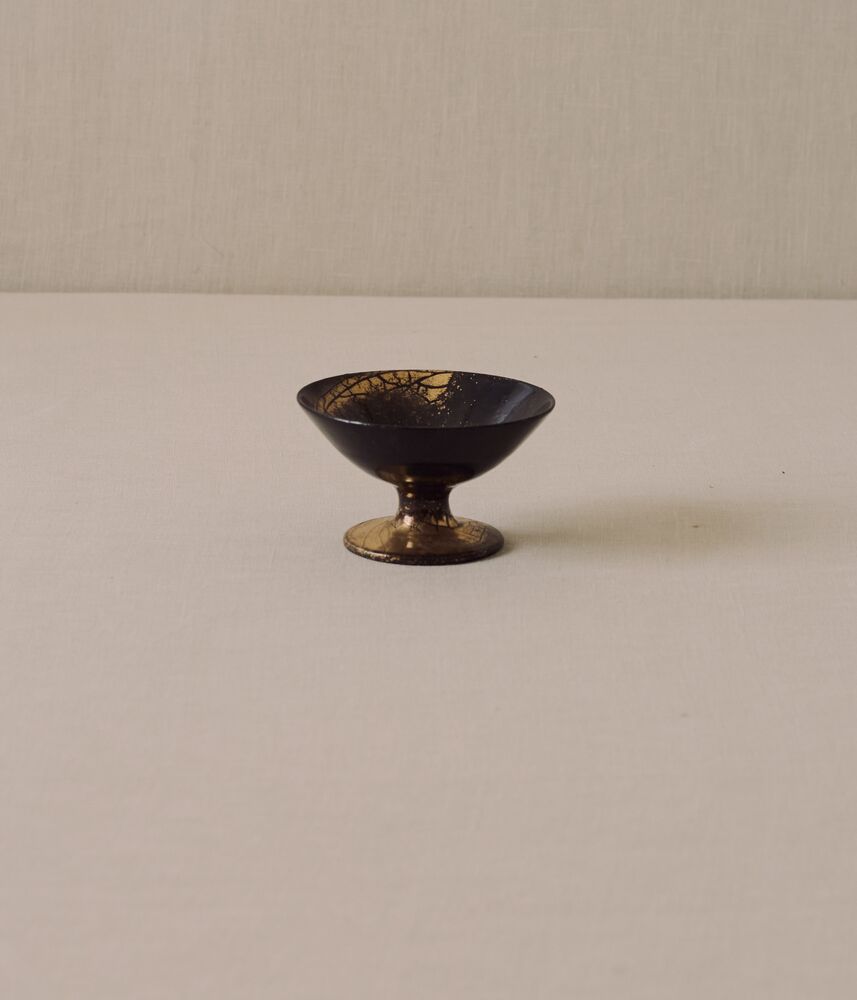 Footed Stoneware Bowl with Gold Enamel