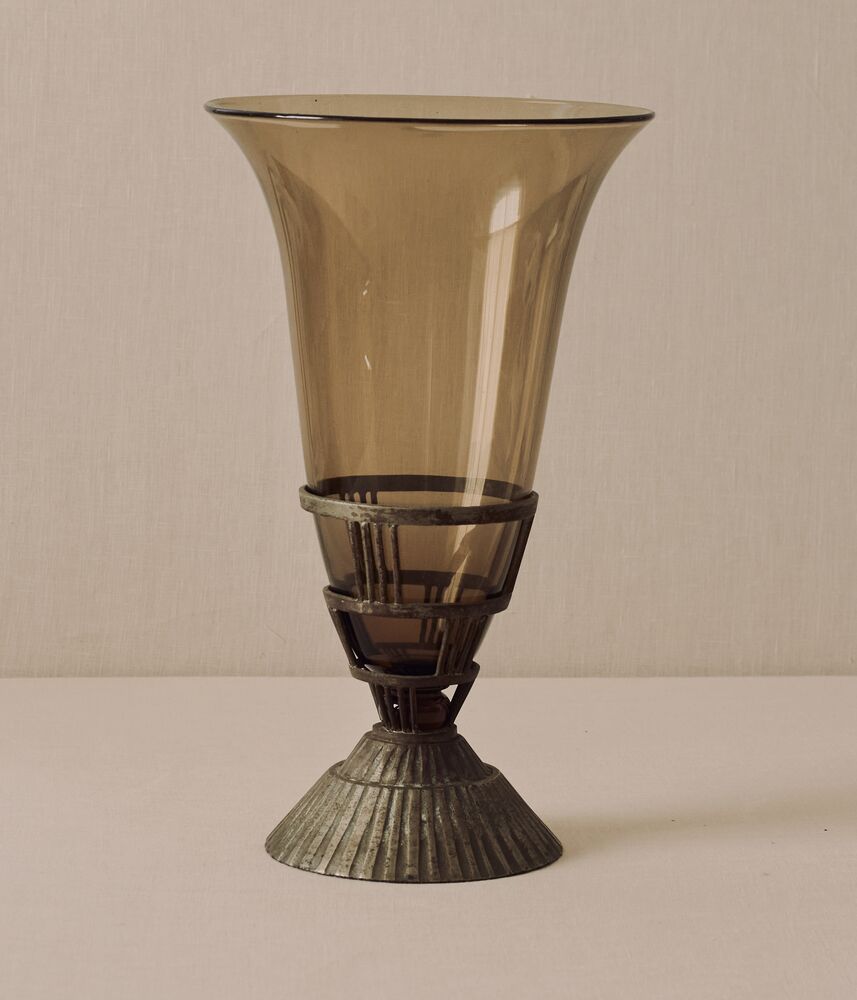 Art Deco Cornet Vase in Smoked Glass and Wrought Iron